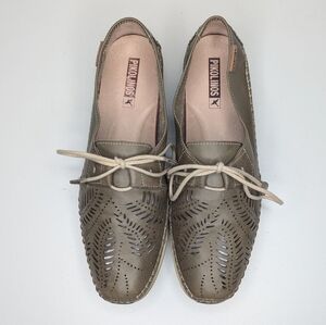 Pikolinos Roma Flats Leather Olive Green Tan Cut Out Lace Moccasin Size EU 39